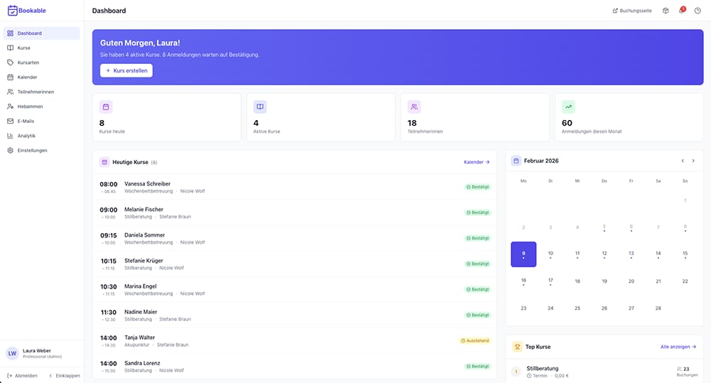 Bookable Dashboard mit Tagesübersicht der Kurse und Termine, Kalender, Statistiken zu aktiven Kursen, Teilnehmerinnen und Anmeldungen