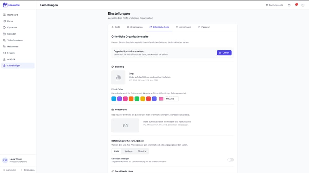Branding-Einstellungen: Logo, Primärfarbe, Header-Bild und Darstellungsformat