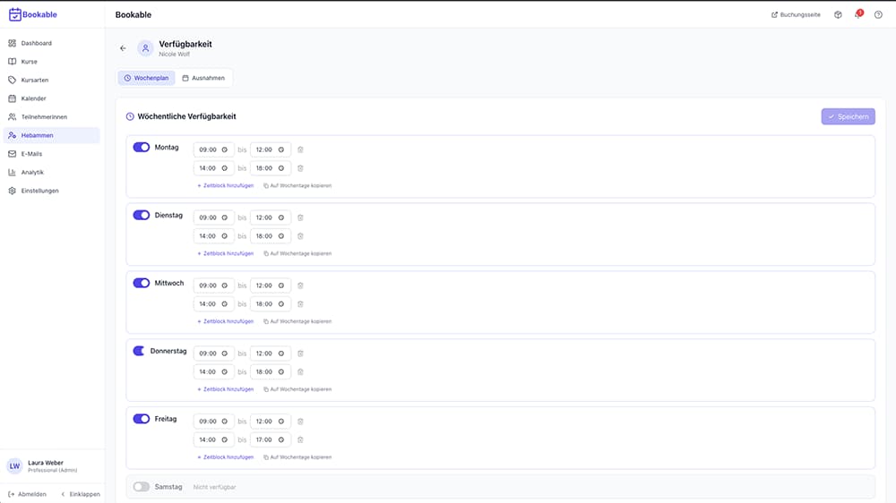 Verfügbarkeits-Wochenplan mit Zeitblöcken pro Tag